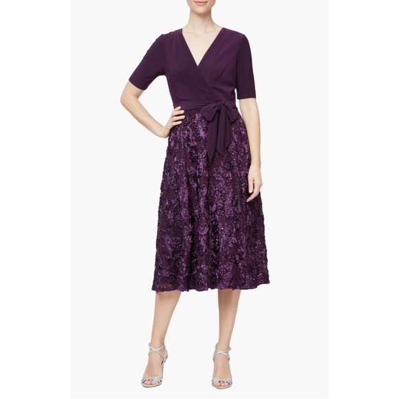 NEW $219 Alex Evenings [ 10 ] Mixed Media Sequined Rosette Midi Dress Eggplant‎ - Picture 13 of 14